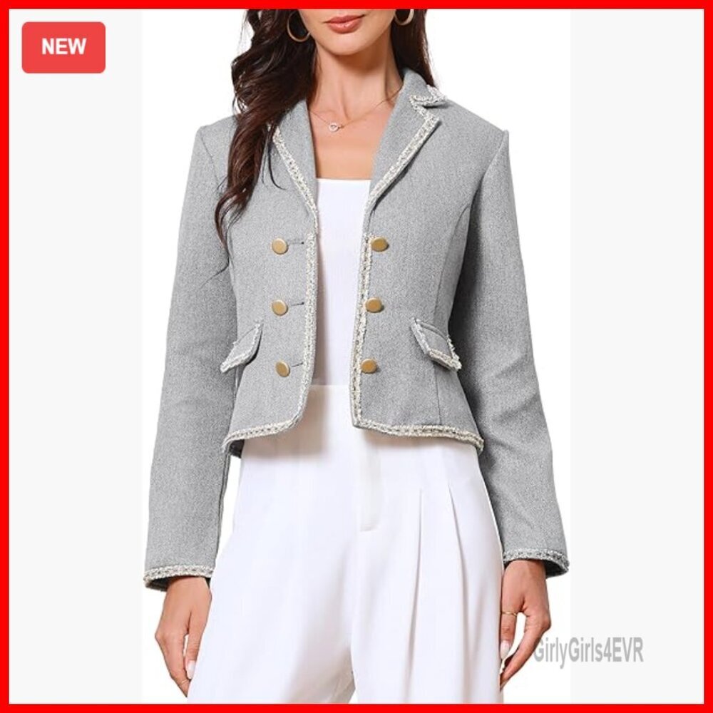 Tweed Cropped Blazer Double Breasted Long Sleeve Women's Office Wear